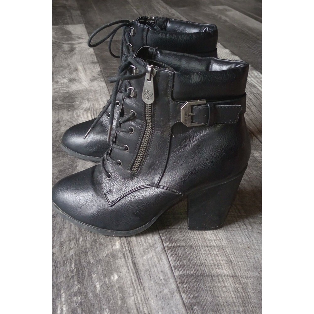 Daisy Fuentes Women's 8.5 W Black Faux Leather Lace Up Combat Boots, Side Zipper